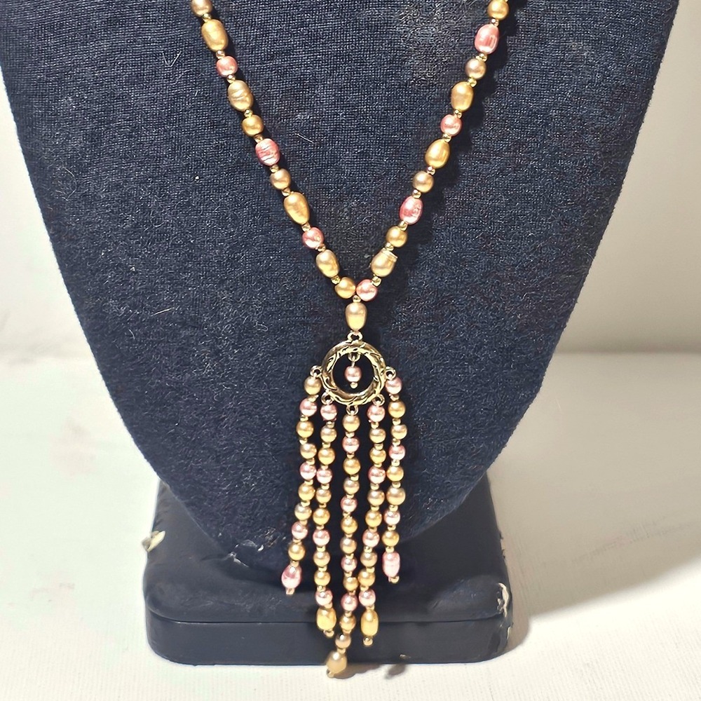 Monet Gold and Pink Pearl Tassel Fringe Necklace Vintage Style Gold Tone